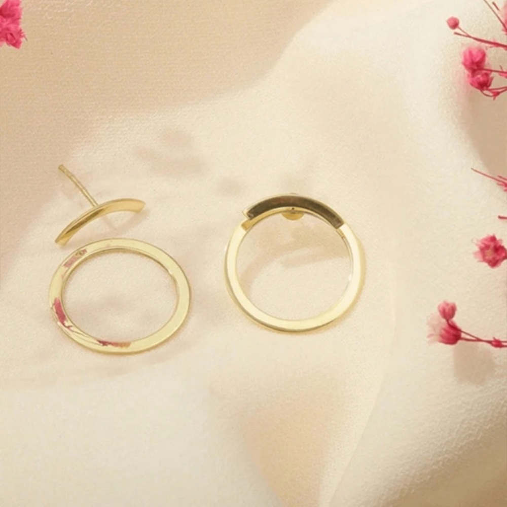 Modern Gold Toned Geometric Circle Earrings, Stud Hoop - Picture 2 of 3